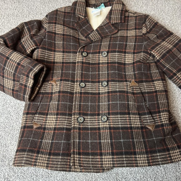 Janie And Jack Pea Coat Kids 4-5 Brown Plaid Wool Faux Fur Lined Winter‎ preppy - Picture 4 of 13